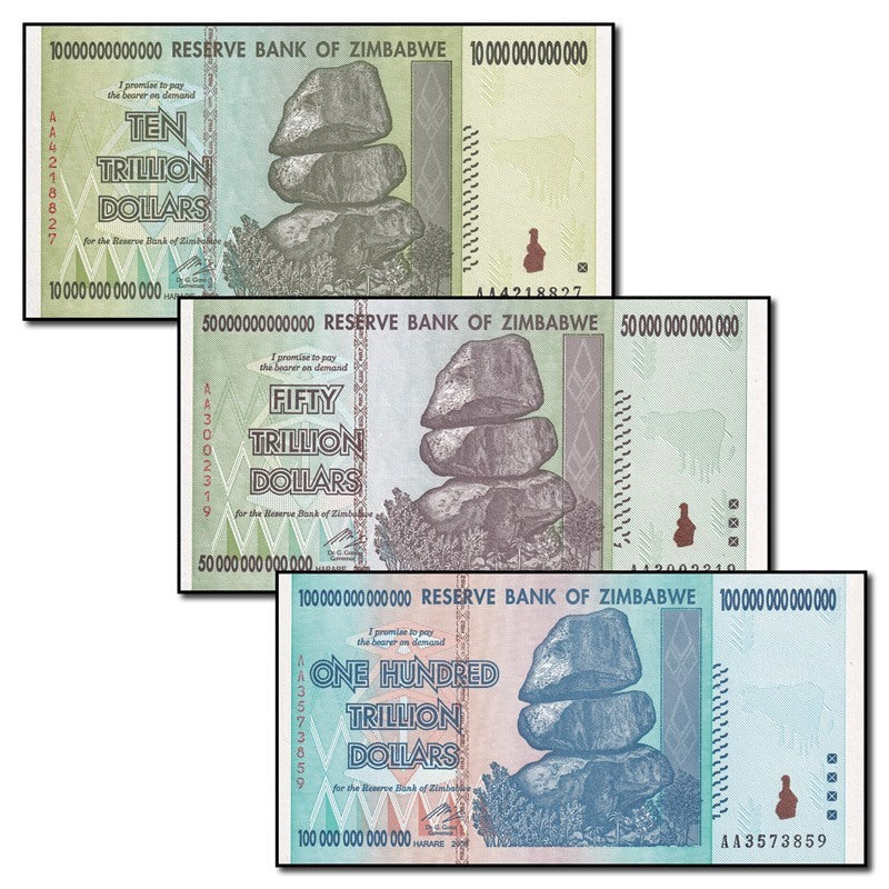 Zimbabwe 2008 100, 50, 10 Trillion Dollars Trio