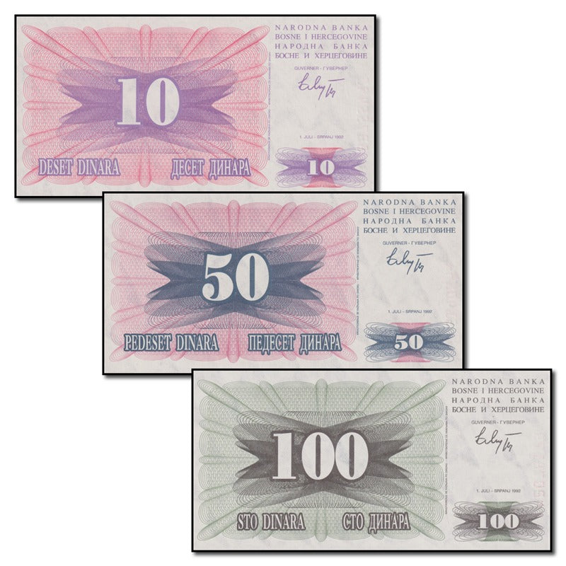 Bosnia & Herzegovina 1992 10, 50 & 100 Dinars Set of 3 CFU