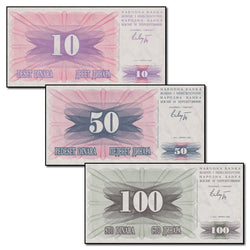Bosnia & Herzegovina 1992 10, 50 & 100 Dinars Set of 3 CFU