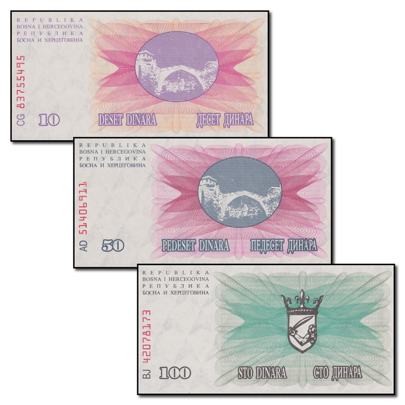 Bosnia & Herzegovina 1992 10, 50 & 100 Dinars Set of 3 CFU