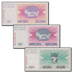 Bosnia & Herzegovina 1992 10, 50 & 100 Dinars Set of 3 CFU
