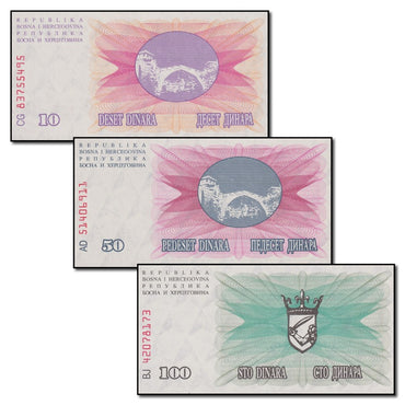 Bosnia & Herzegovina 1992 10, 50 & 100 Dinars Set of 3 CFU