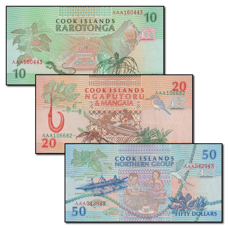 Cook Islands (1992) 10, 20 & 50 Dollars Set of 3 CFU
