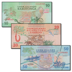 Cook Islands (1992) 10, 20 & 50 Dollars Set of 3 CFU