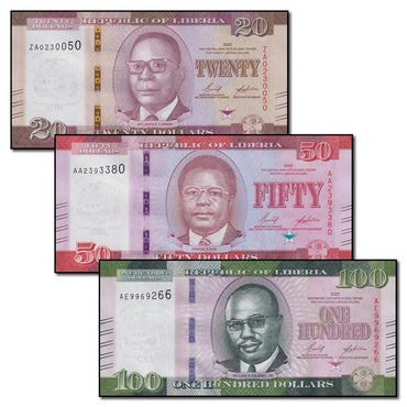 Liberia 2021-2022 20, 50 & 100 Dollars Set of 3 CFU
