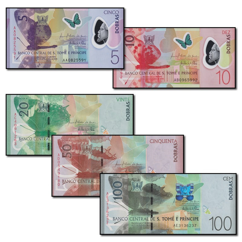 St. Thomas & Prince 2016 5, 10, 20, 50 & 100 Dobras Set of 5 CFU