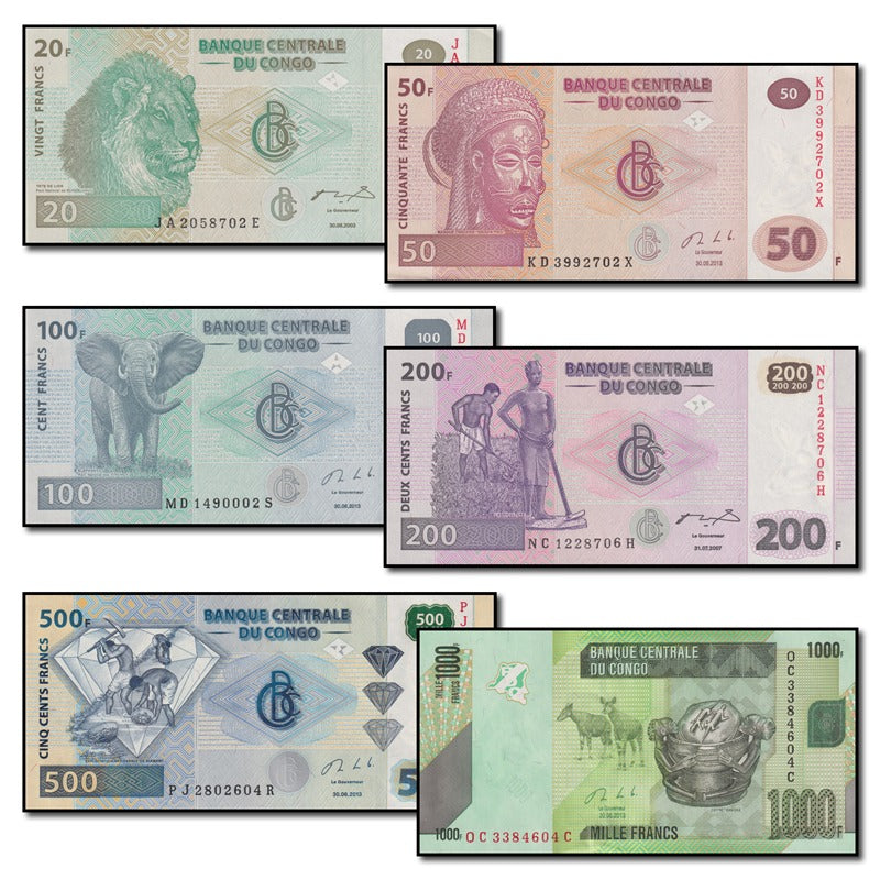 Congo 2007-2013 20, 50, 100, 200, 500 & 1000 Francs Set of 6 CFU