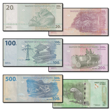Congo 2007-2013 20, 50, 100, 200, 500 & 1000 Francs Set of 6 CFU