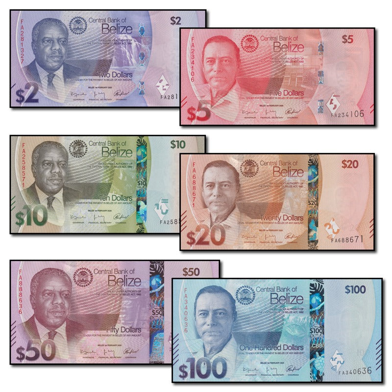 Belize 2025 2, 5, 10, 20, 50 & 100 Dollars Set of 6 CFU