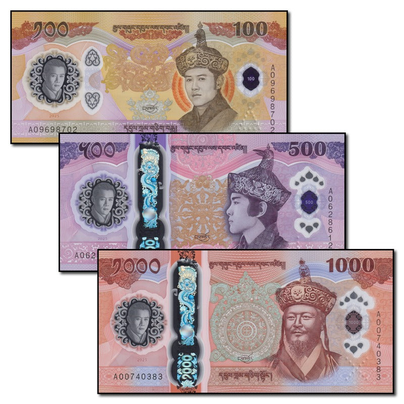Bhutan 2025 100, 500 & 1000 Ngultrum Set of 3 CFU