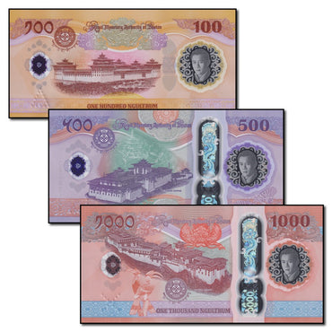 Bhutan 2025 100, 500 & 1000 Ngultrum Set of 3 CFU