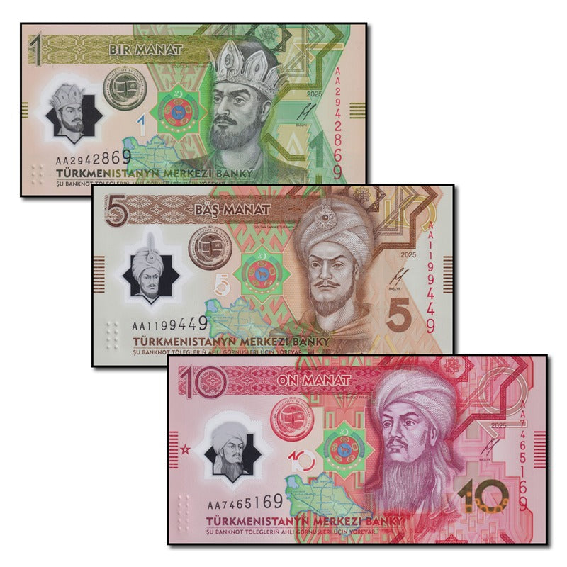 Turkmenistan 2025 1, 5 & 10 Manat Polymer Set of 3 CFU