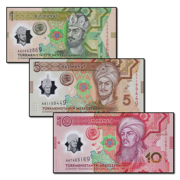 Turkmenistan 2025 1, 5 & 10 Manat Polymer Set of 3 CFU