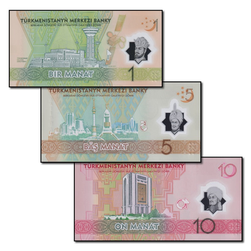 Turkmenistan 2025 1, 5 & 10 Manat Polymer Set of 3 CFU