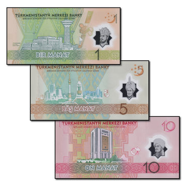 Turkmenistan 2025 1, 5 & 10 Manat Polymer Set of 3 CFU
