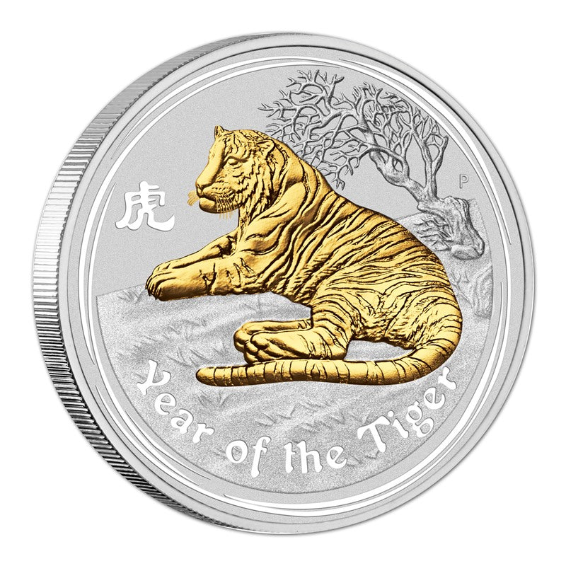 2010 Year of the Tiger Gilded 1oz Silver - Coin Only