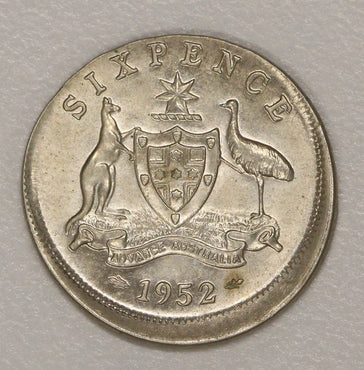 Australia 1952 Melbourne Sixpence Error 10% Mistrike