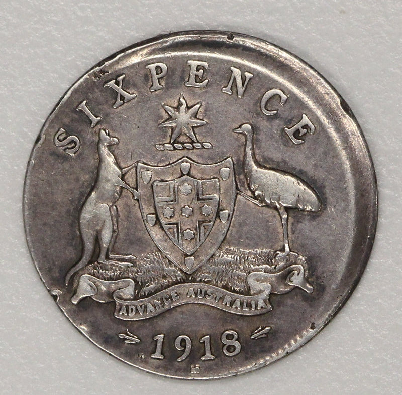Australia 1918 Melbourne Sixpence Error 10% Mistrike VF – M.R.