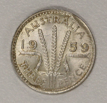 Australia 1959 Melbourne Threepence Error Reverse Brockage