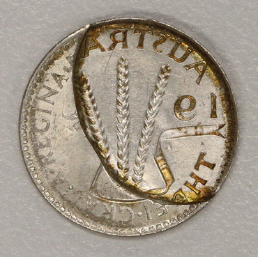 Australia 1959 Melbourne Threepence Error Reverse Brockage