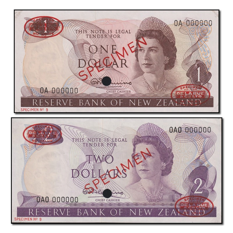 New Zealand 1967 $1 & $2 Specimen Serial Number - 000000