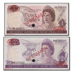 New Zealand 1967 $1 & $2 Specimen Serial Number - 000000