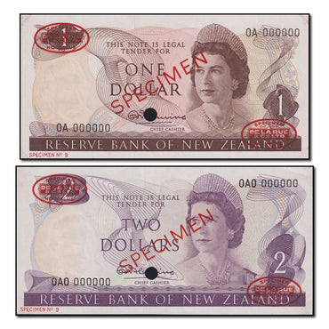 New Zealand 1967 $1 & $2 Specimen Serial Number - 000000