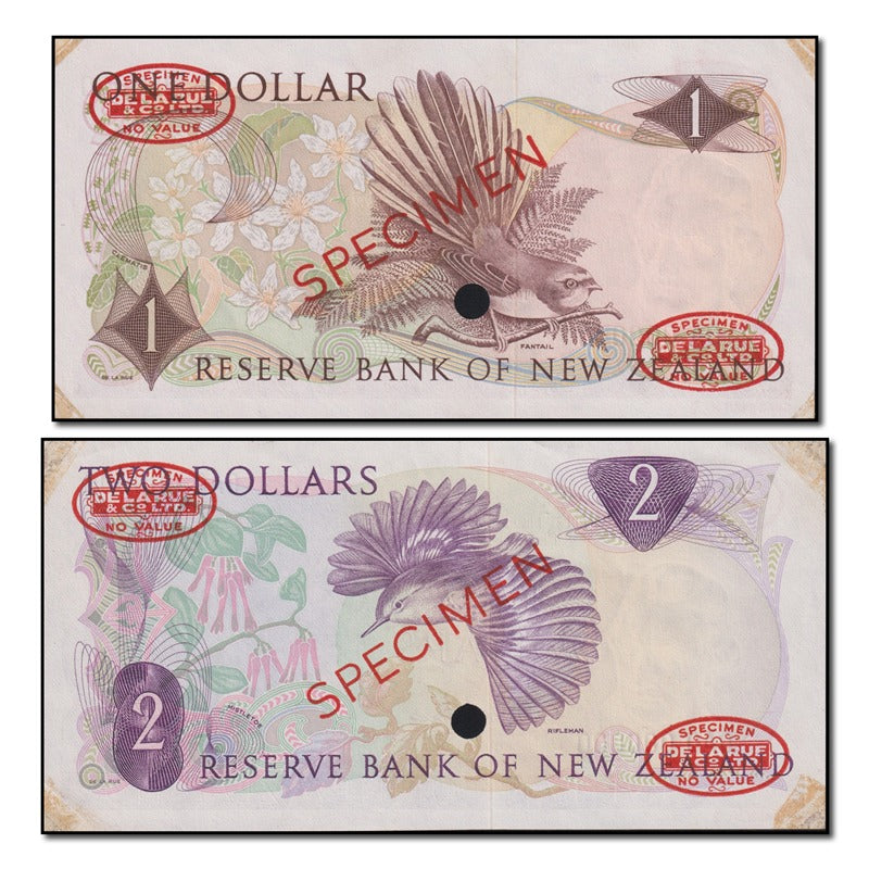 New Zealand 1967 $1 & $2 Specimen Serial Number - 000000