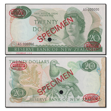 New Zealand 1968 $20 Specimen Serial Number - 000000