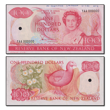 New Zealand 1981 $100 Specimen Serial Number - YAA000000