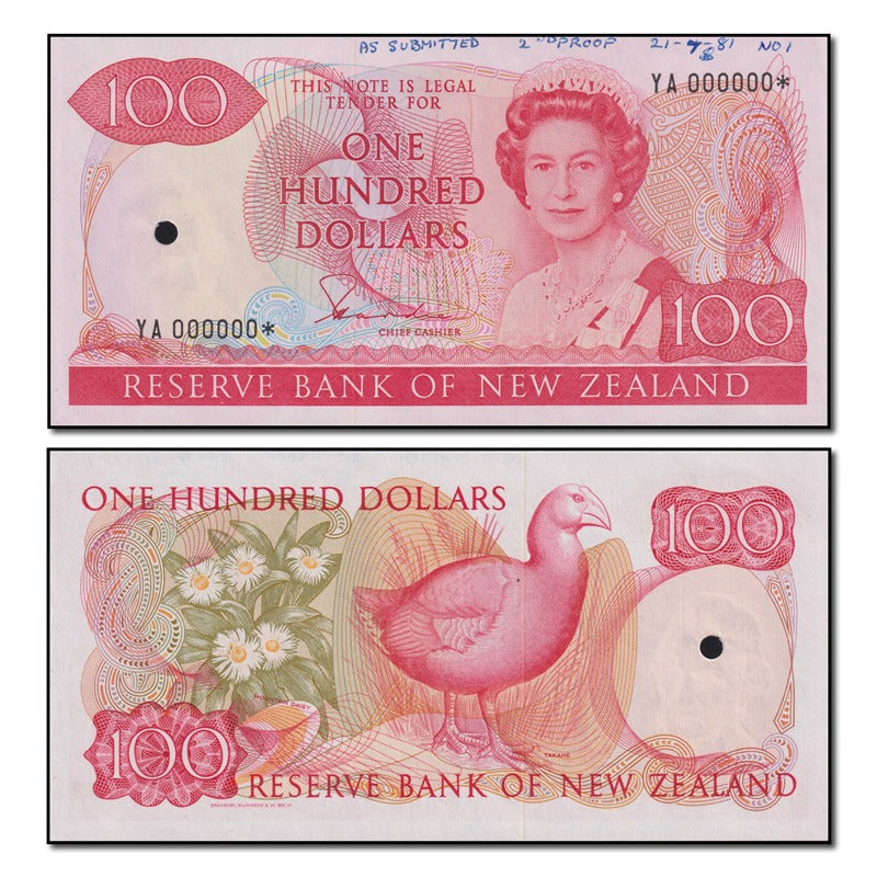 New Zealand 1981 $100 Serial Number - YA000000*