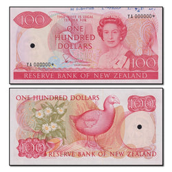 New Zealand 1981 $100 Serial Number - YA000000*
