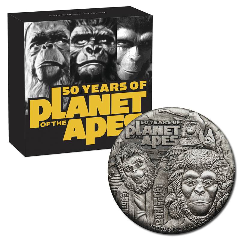 2018 $2 50year of Planet of the Apes 2oz Antiqued Silver coin