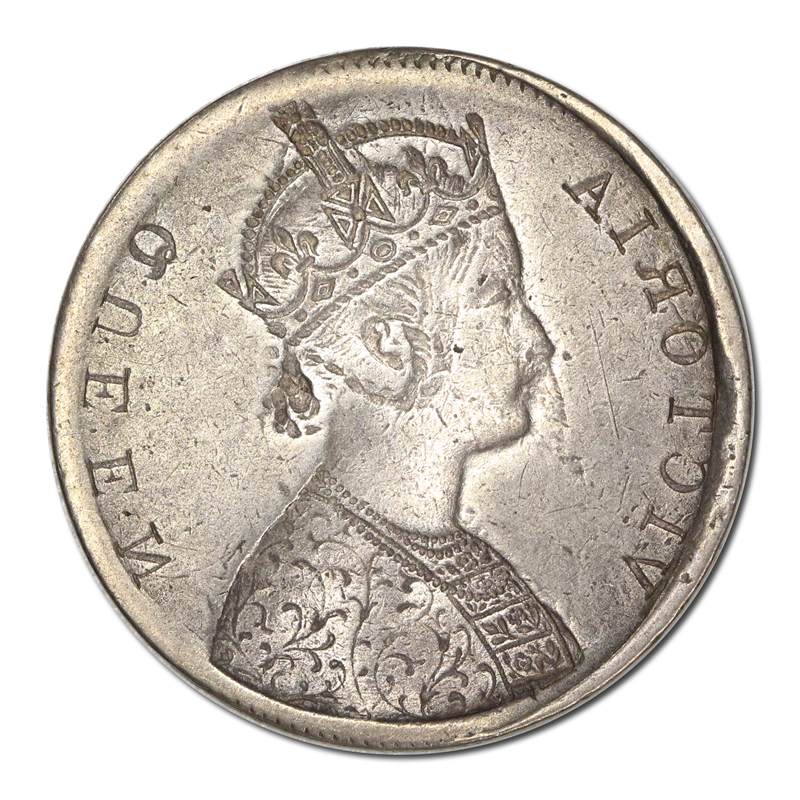 India (1862-1876) Silver 1 Rupee Error: Obverse Brockage