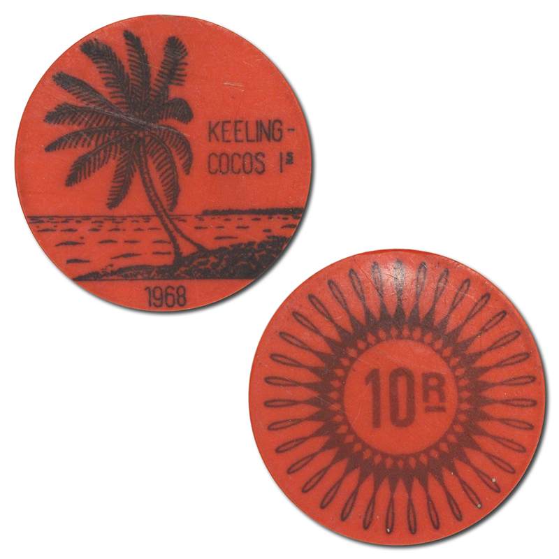 Keeling Cocos Islands 1968 10 Rupees Red Plastic Token nUNC