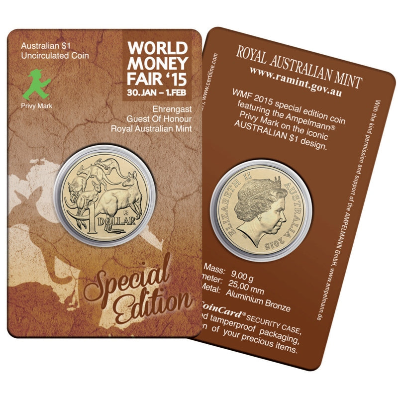 $1 2015 World Money Fair Ampelmann Special Release UNC - on card | $1 2015 World Money Fair Ampelmann Special Release UNC - reverse