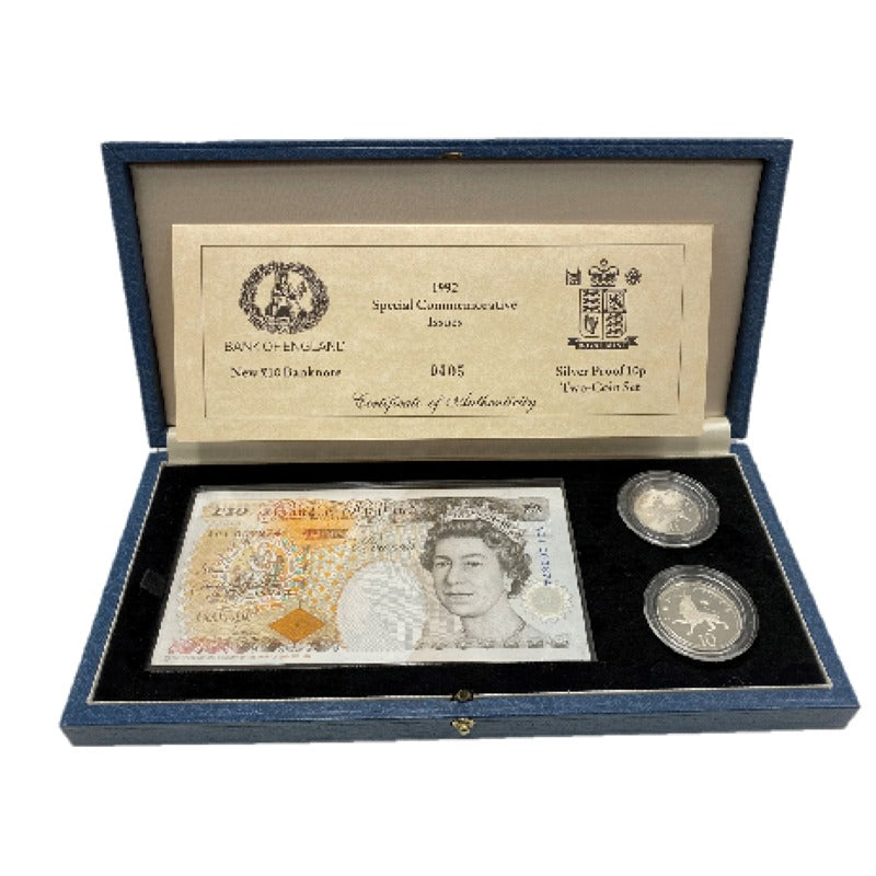 Great Britain 1992 Commemorative Issue 10 Pound Note & 10p Silver Proof Two Coin Set