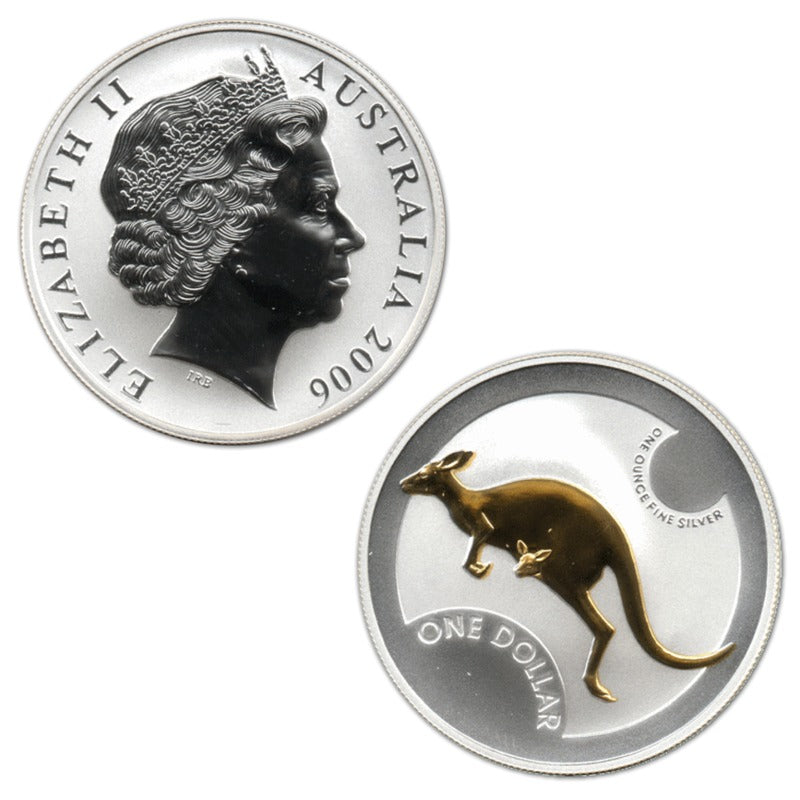 $1 2006 Kangaroo Selectively Gold Plated 1oz 99.9% Silver