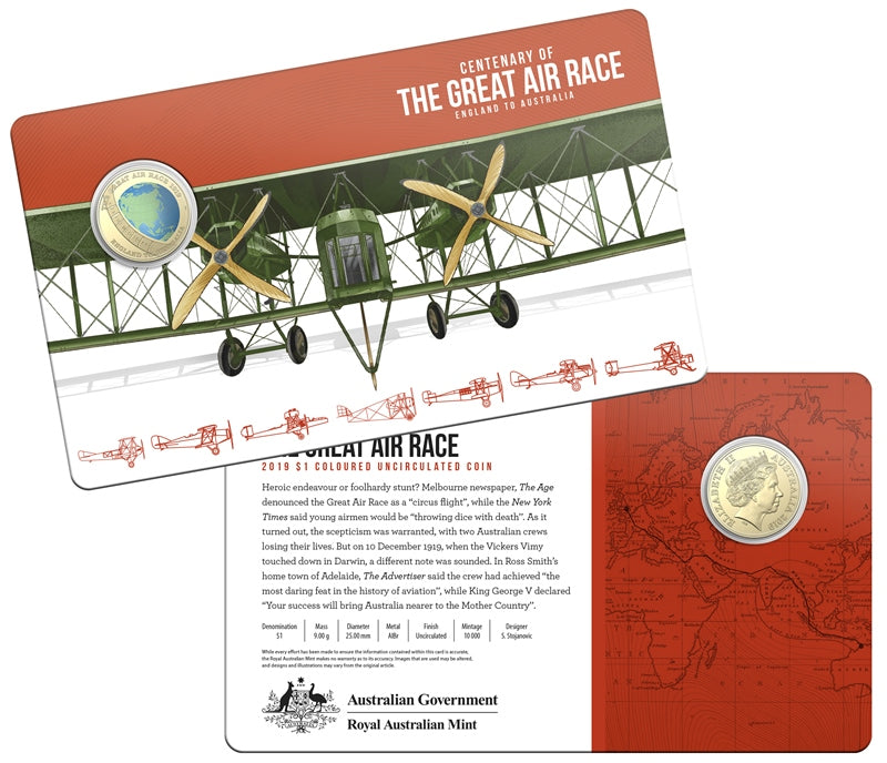 $1 2019 The Great Air Race Coloured UNC - England to Australia