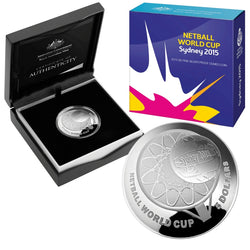 $5 2015 Netball World Cup Domed Shaped Silver Proof - coin and case | $5 2015 Netball World Cup Domed Shaped Silver Proof - reverse | $5 2015 Netball World Cup Domed Shaped Silver Proof  - obverse