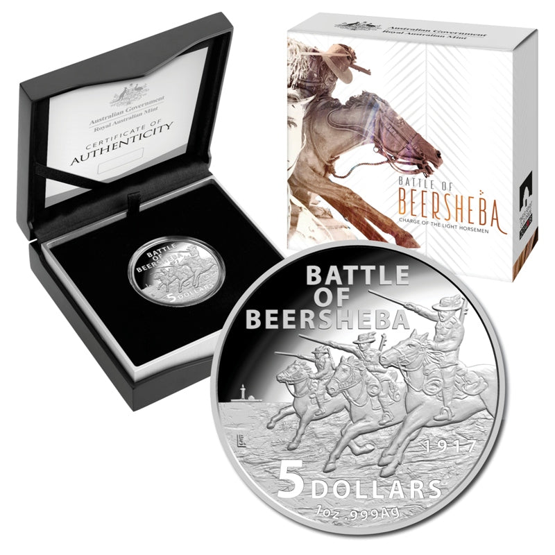 $5 2017 Battle of Beersheba 1oz Silver Proof | $5 2017 Battle of Beersheba 1oz Silver Proof reverse | $5 2017 Battle of Beersheba 1oz Silver Proof case