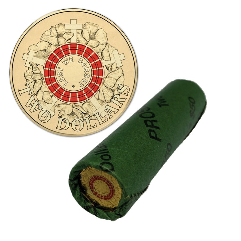 $2 2015 Lest We Forget ANZAC Red Coloured Coin SECURITY ROLL