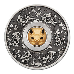Tuvalu 2023 Year of the Rabbit Rotating Charm Antiqued 1oz Silver