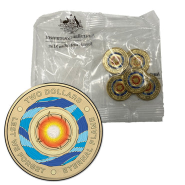 $2 2018 Lest We Forget Coloured RAM Bag of 5 Coins UNC