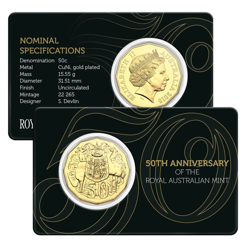 50c 2015 50th Ann. Royal Australian Mint Gold Plated - card | 50c 2015 50th Ann. Royal Australian Mint Gold Plated - reverse | 50c 2015 50th Ann. Royal Australian Mint Gold Plated - obverse