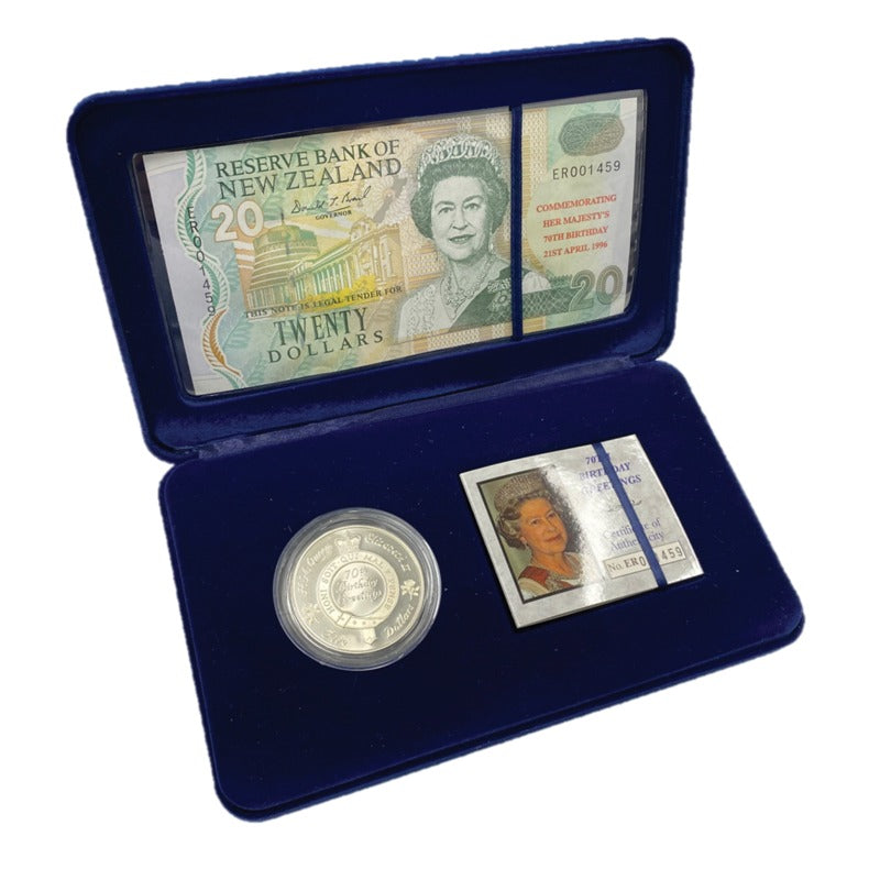 New Zealand 1996 Queen Elizabeth II 70th Birthday $5 Silver & $20 Banknote
