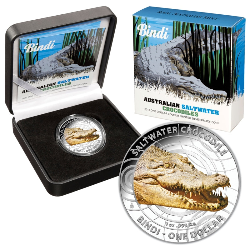 $1 2013 Saltwater Crocodile - Bindi Coloured 1oz 99.9% Silver Proof