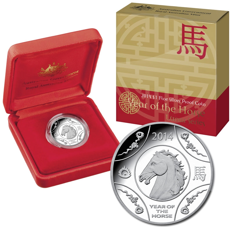 $1 2014 Year of the Horse Silver Proof - coin and case | $1 2014 Year of the Horse Silver Proof - reverse | $1 2014 Year of the Horse Silver Proof - obverse