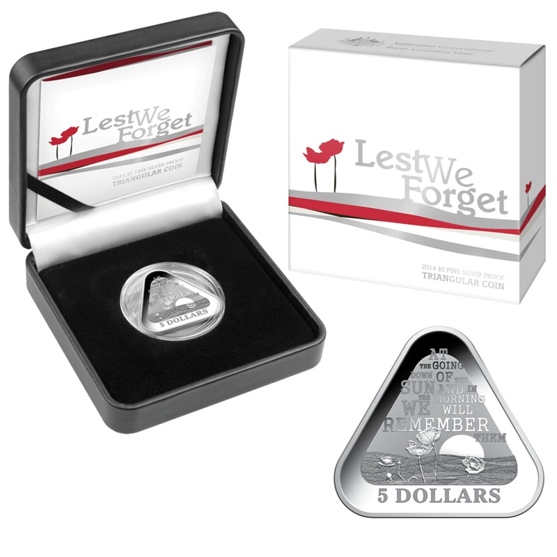 $5 2014 WWI Lest We Forget Triangle Shaped Silver Proof | $5 2014 WWI Lest We Forget Triangle Shaped Silver Proof reverse