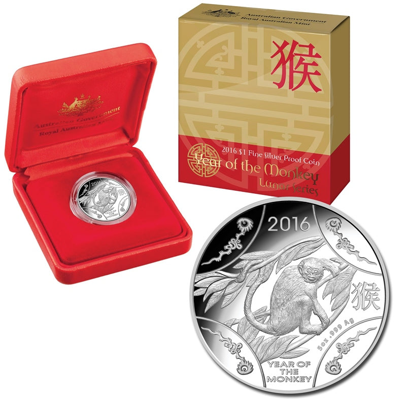 $1 2016 Year of the Monkey Silver Proof - coin and case | $1 2016 Year of the Monkey Silver Proof reverse | $1 2016 Year of the Monkey Silver Proof case